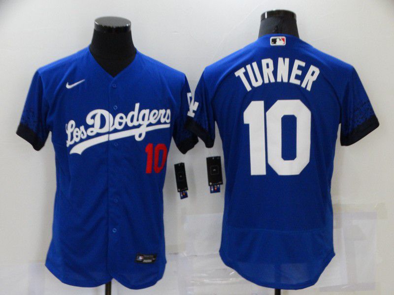 Men Los Angeles Dodgers #10 Turner Blue City Edition Elite Nike 2021 MLB Jersey